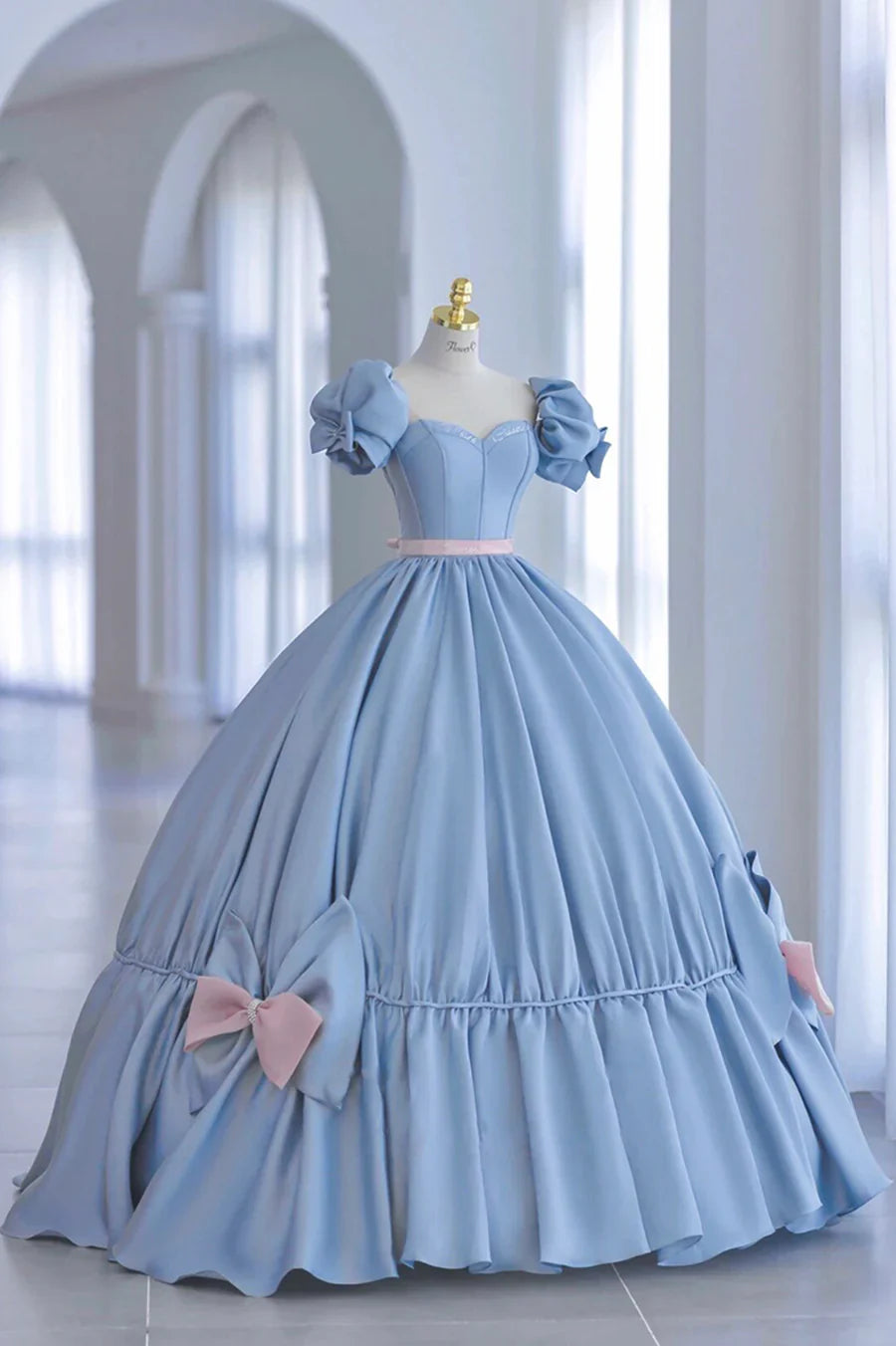 Vestido princesa de satén azul, corte A, vestido de noche azul con lazo TP572