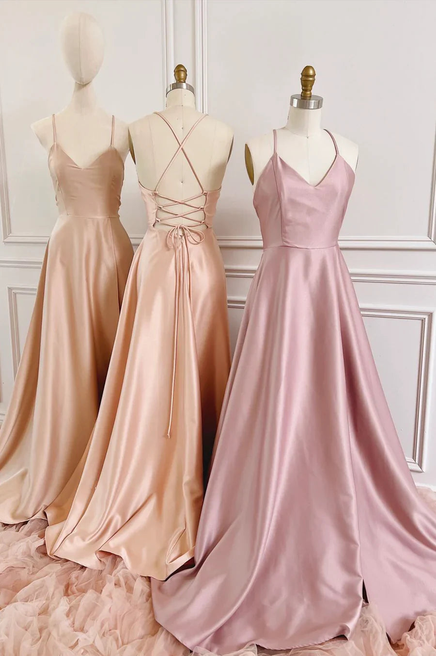 Vestido de fiesta largo de satén con escote en V, corte A y espalda descubierta, TP575