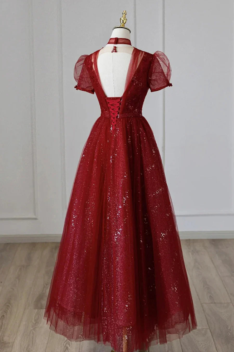 Vestido de fiesta de tul burdeos con lentejuelas, largo hasta la rodilla, corte A, TP576