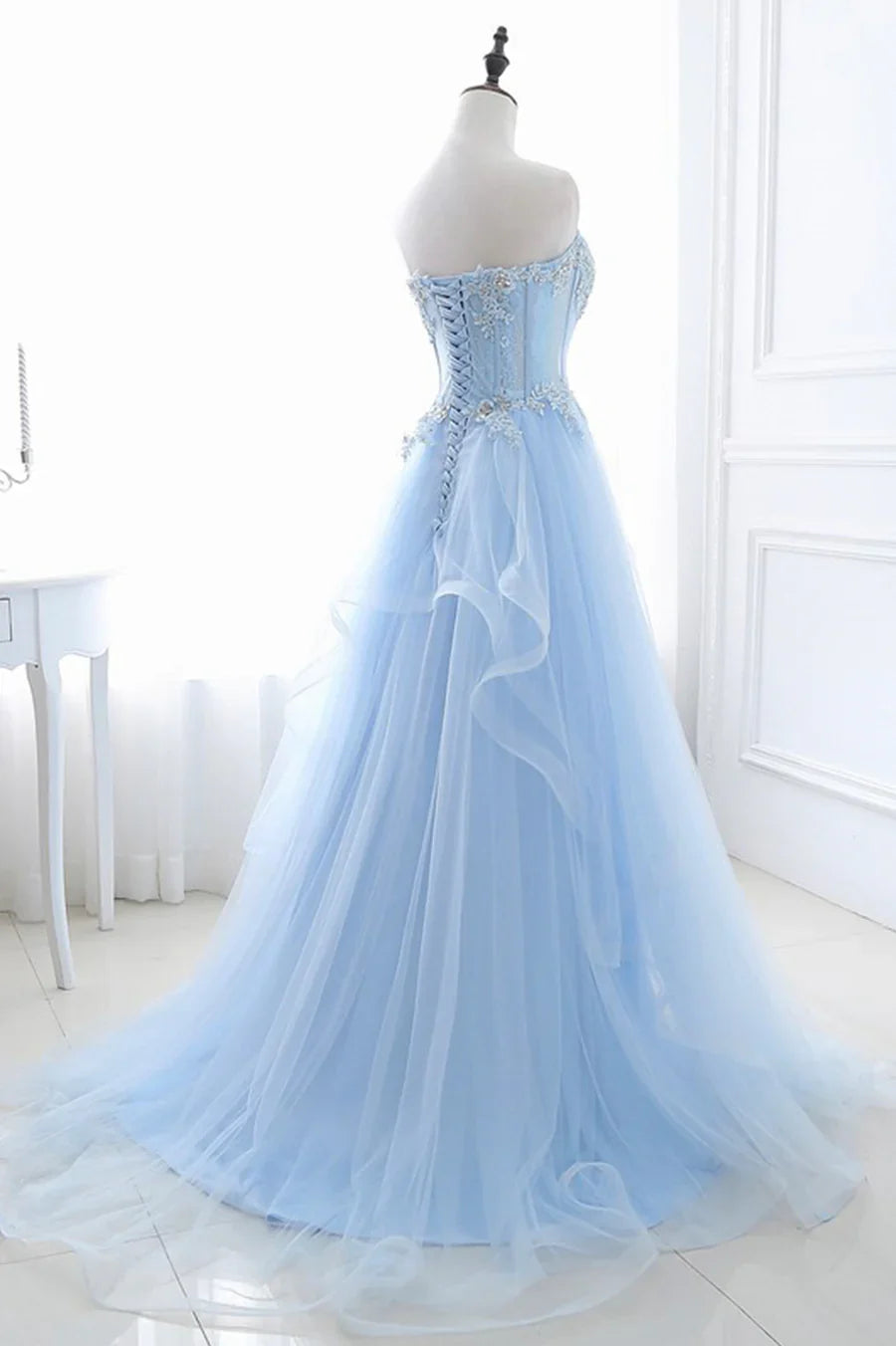 Blue Strapless Tulle Lace Long A-Line Prom Dress, Blue Evening Dress TP579