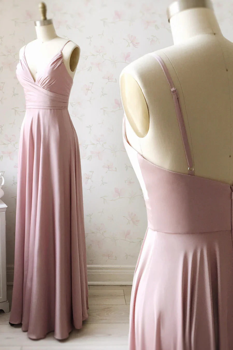 Vestido de fiesta largo de satén rosa con escote en V y corte A, TP582