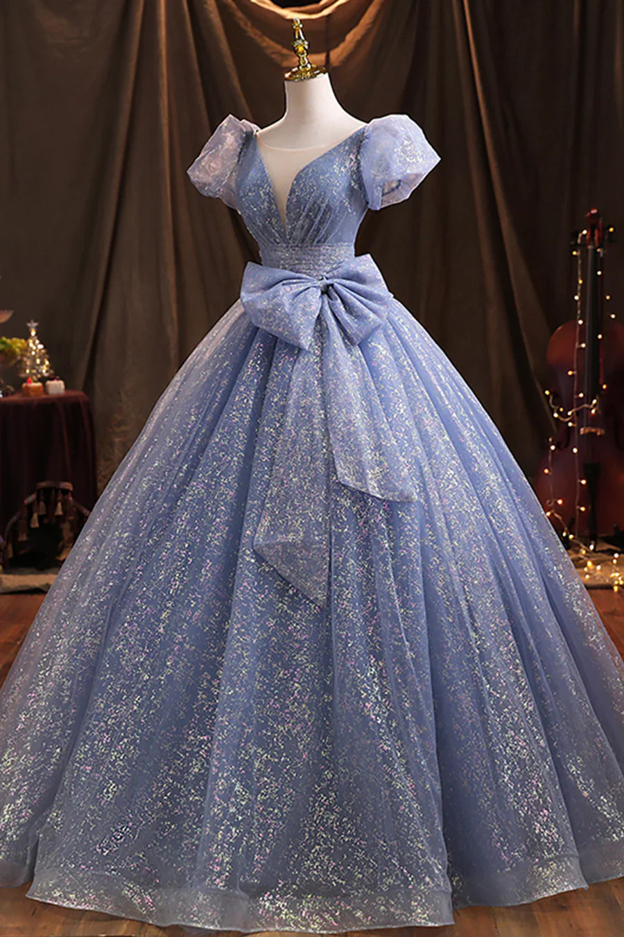 Blue Tulle Sequins Long Prom Dress, A-Line Evening Gown with Bow TP590