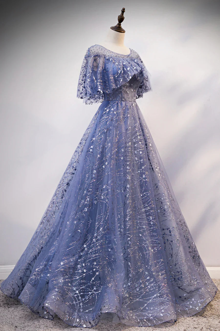 Blue Tulle Sequins Long Prom Dress, A-Line Blue Evening Dress TP591