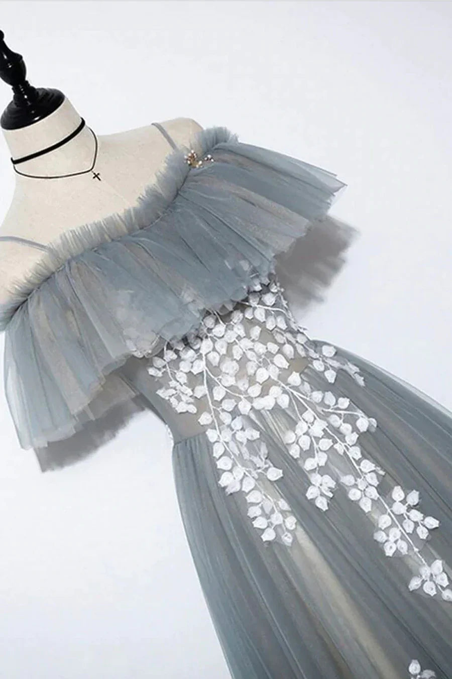 Vestido de fiesta largo de tul gris con encaje, corte A, TP597