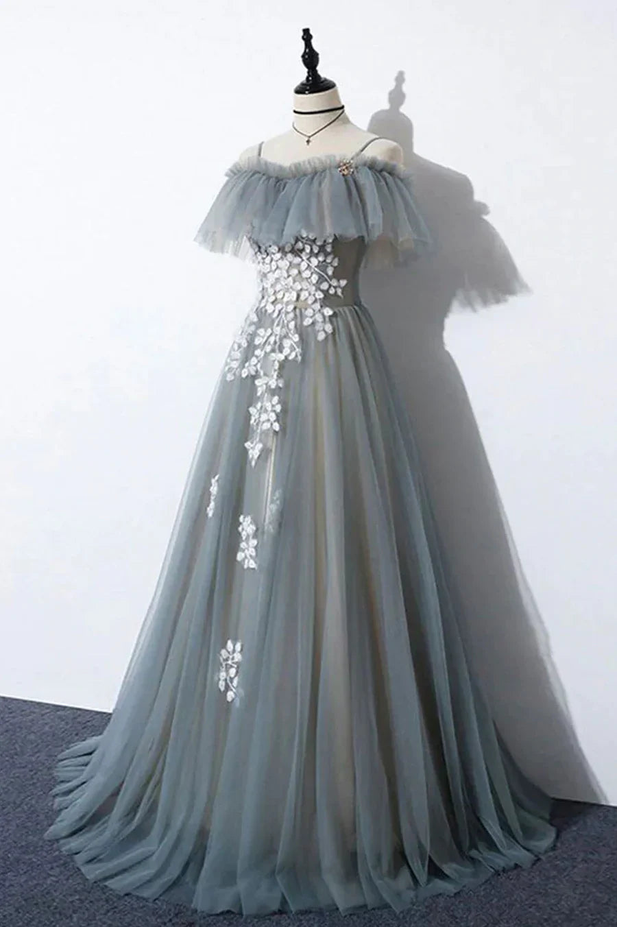 Vestido de fiesta largo de tul gris con encaje, corte A, TP597