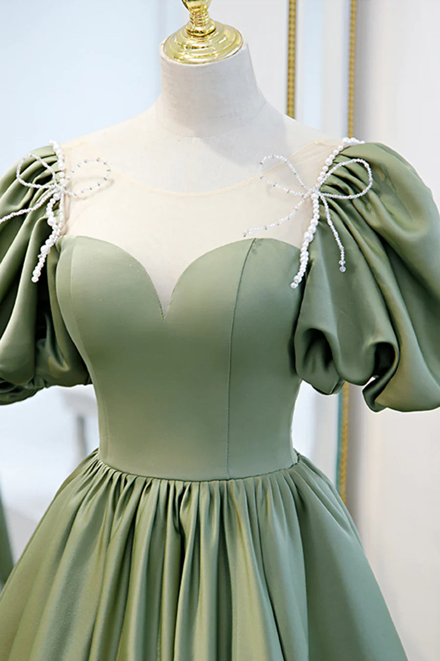 Vestido formal largo de satén verde, corte A, vestido de fiesta juvenil verde TP613