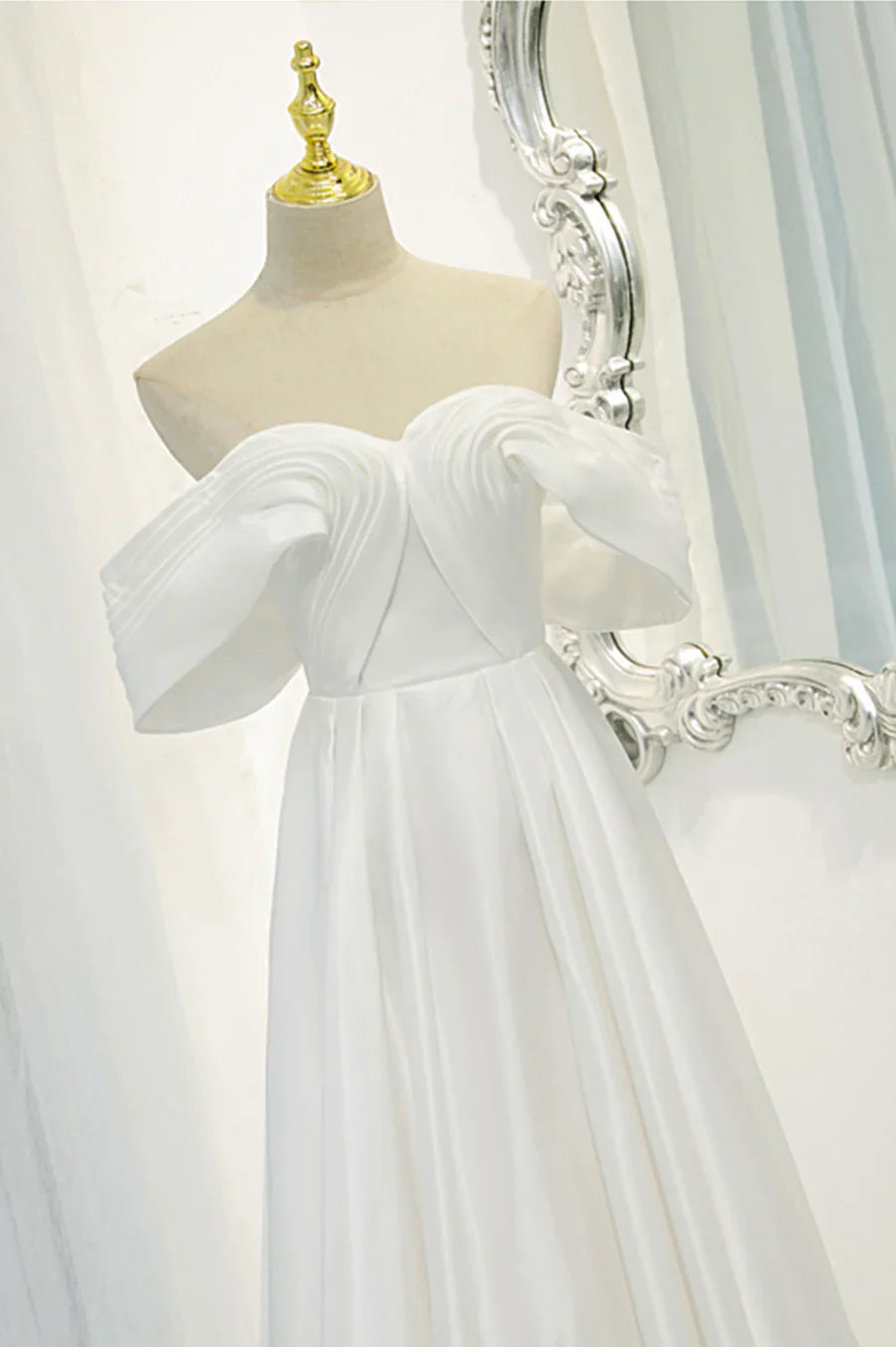 Vestido de fiesta largo de satén blanco, vestido de noche con hombros descubiertos TP625