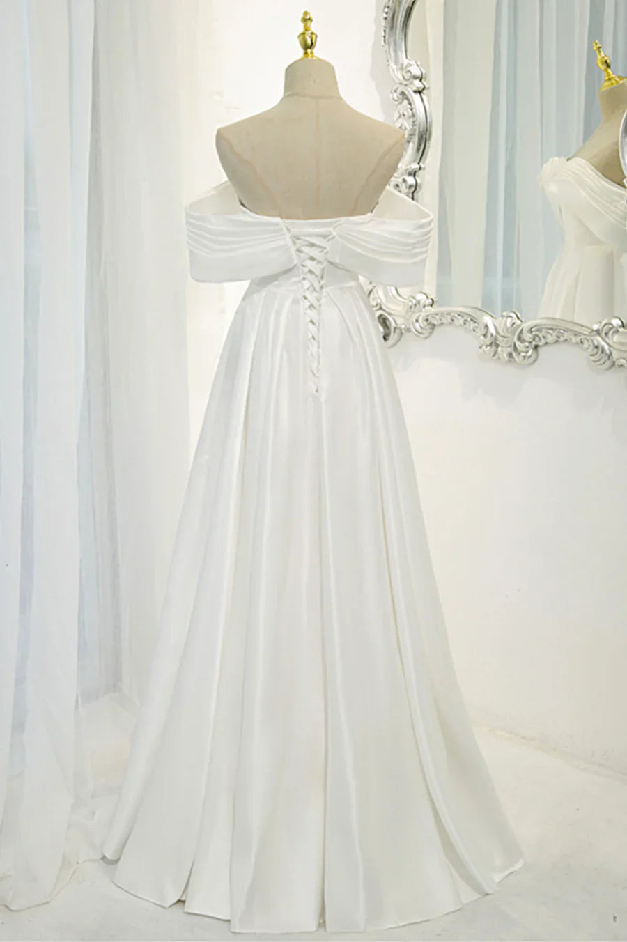 Vestido de fiesta largo de satén blanco, vestido de noche con hombros descubiertos TP625