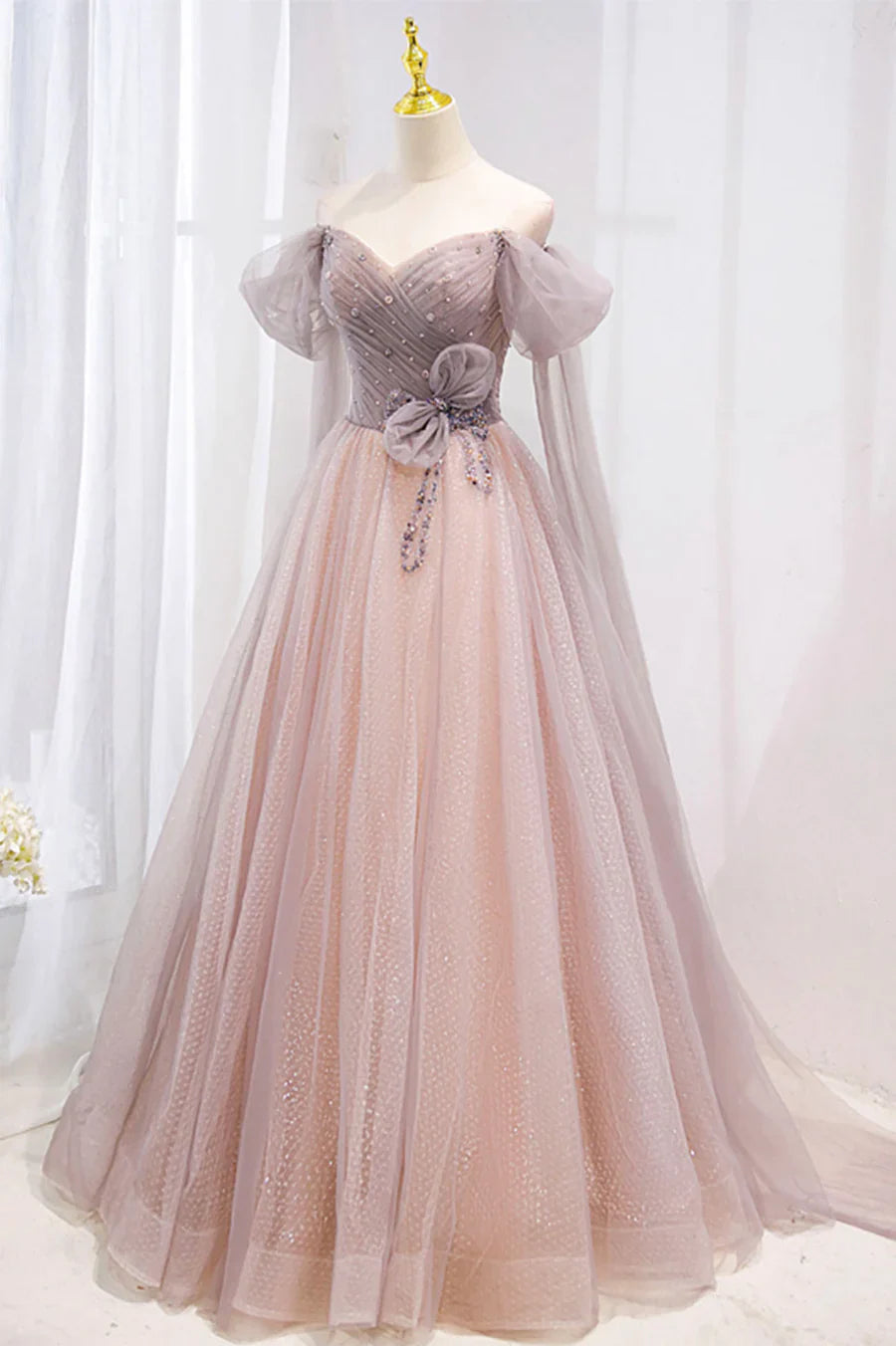 Pink Tulle Beaded Long Prom Dress, Off the Shoulder Evening Dress TP629
