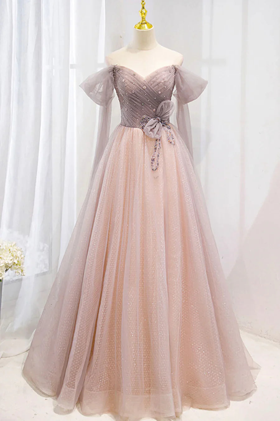 Pink Tulle Beaded Long Prom Dress, Off the Shoulder Evening Dress TP629