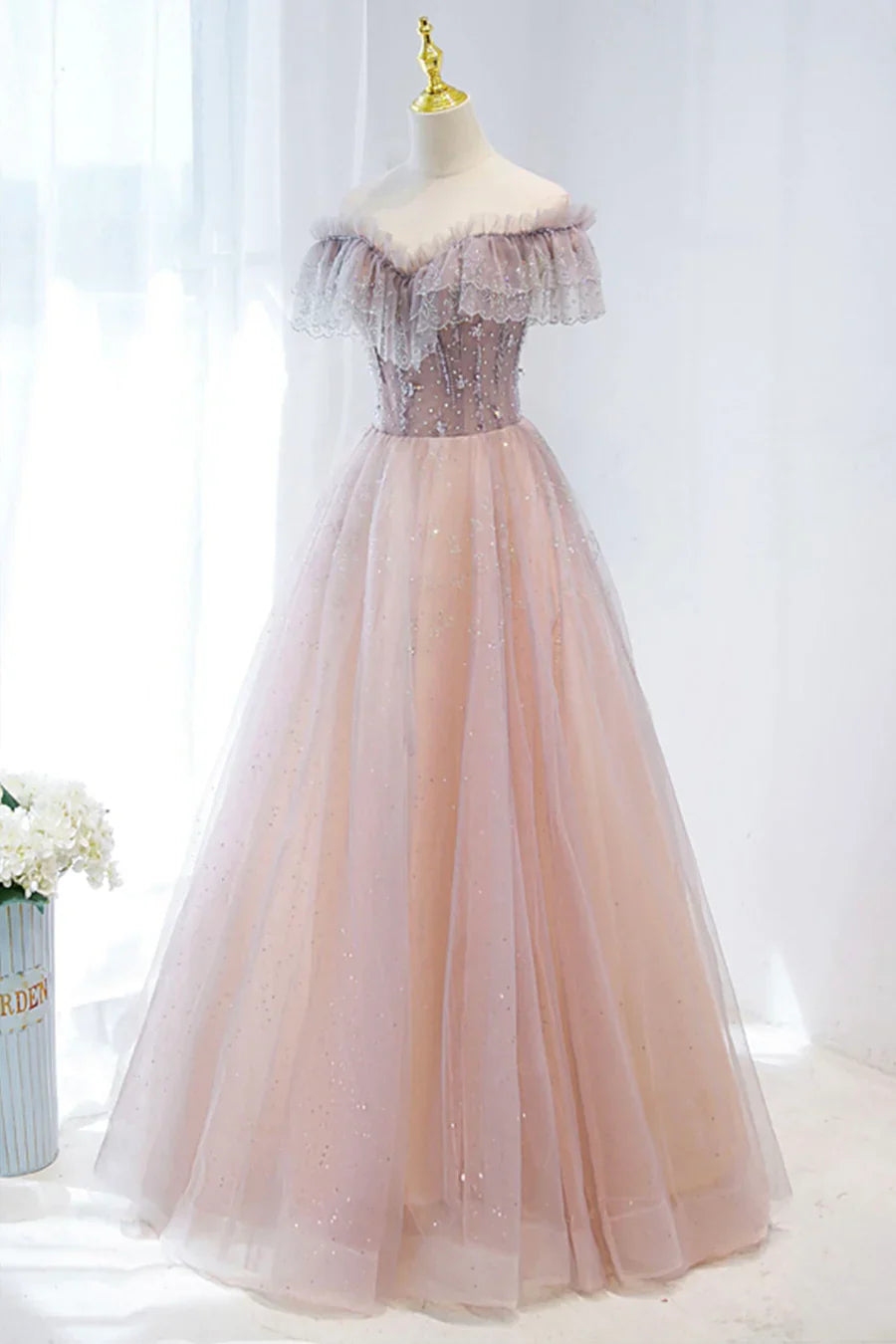 Vestido formal largo de tul rosa con cuentas, vestido de fiesta rosa con escote en V TP630
