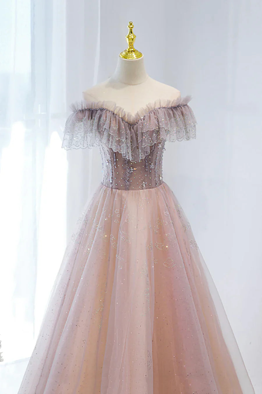 Vestido formal largo de tul rosa con cuentas, vestido de fiesta rosa con escote en V TP630