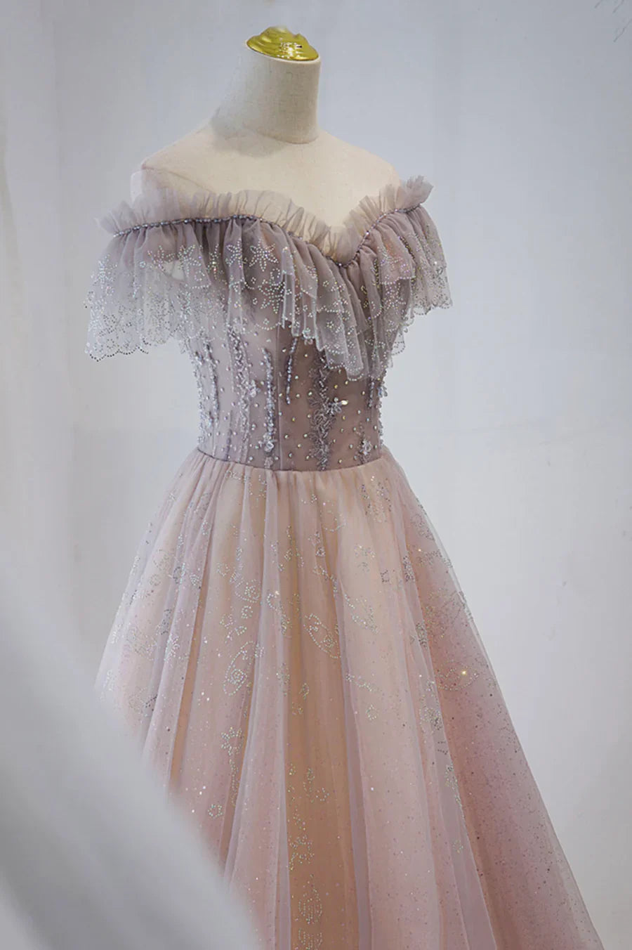 Vestido formal largo de tul rosa con cuentas, vestido de fiesta rosa con escote en V TP630