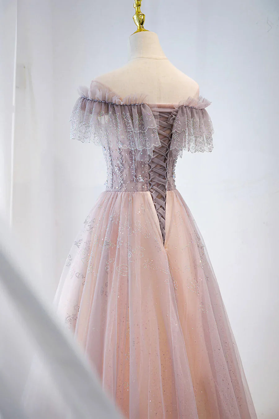 Vestido formal largo de tul rosa con cuentas, vestido de fiesta rosa con escote en V TP630