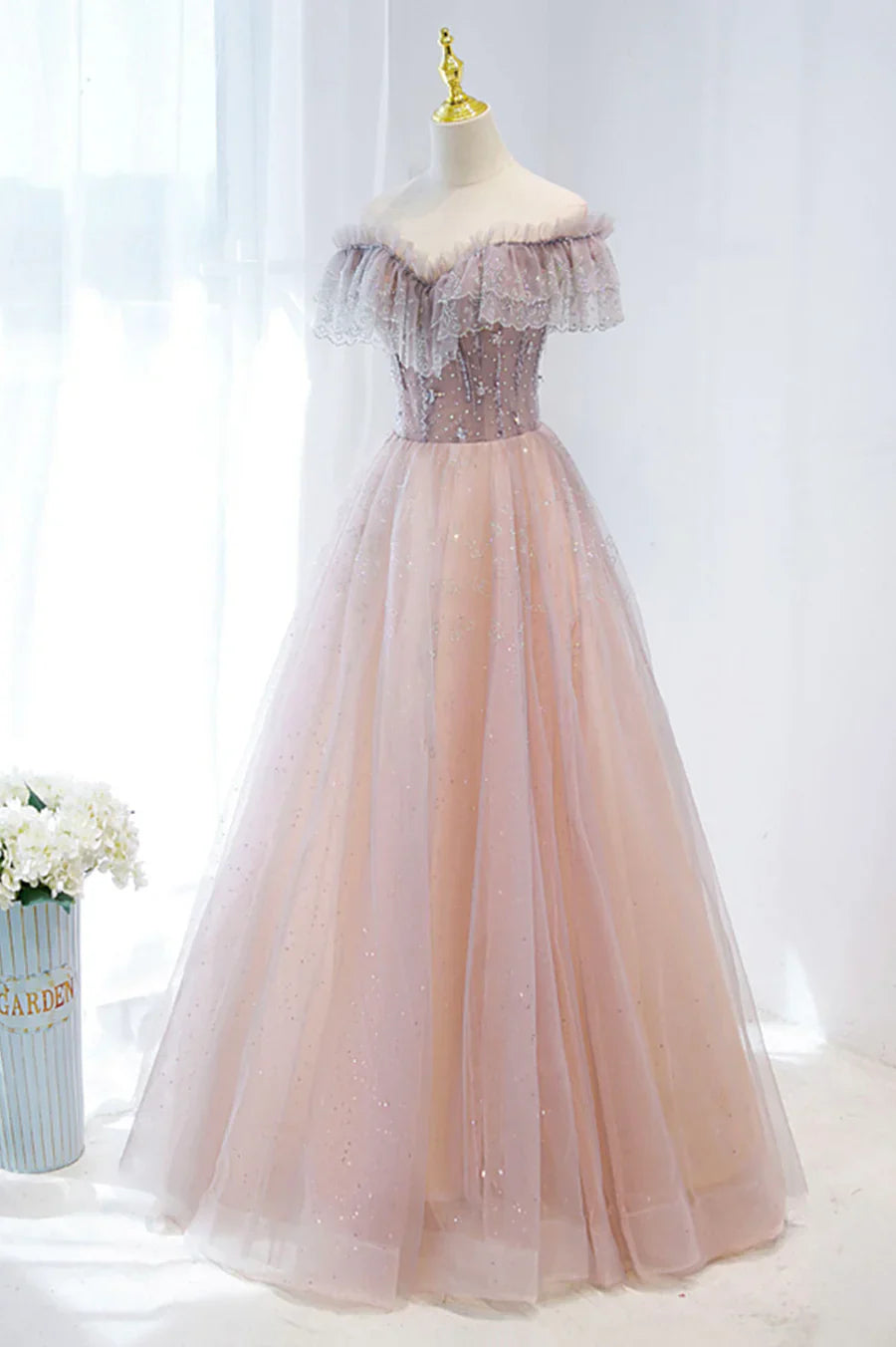 Vestido formal largo de tul rosa con cuentas, vestido de fiesta rosa con escote en V TP630