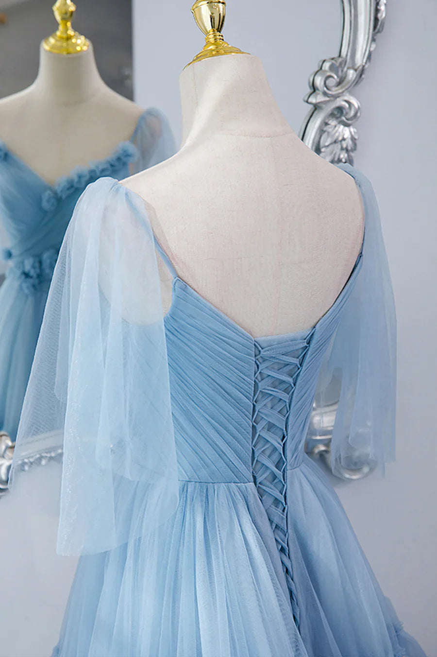 A-Line Tulle Long Prom Dresses, V-Neck Spaghetti Strap Long Princess Dresses TP645