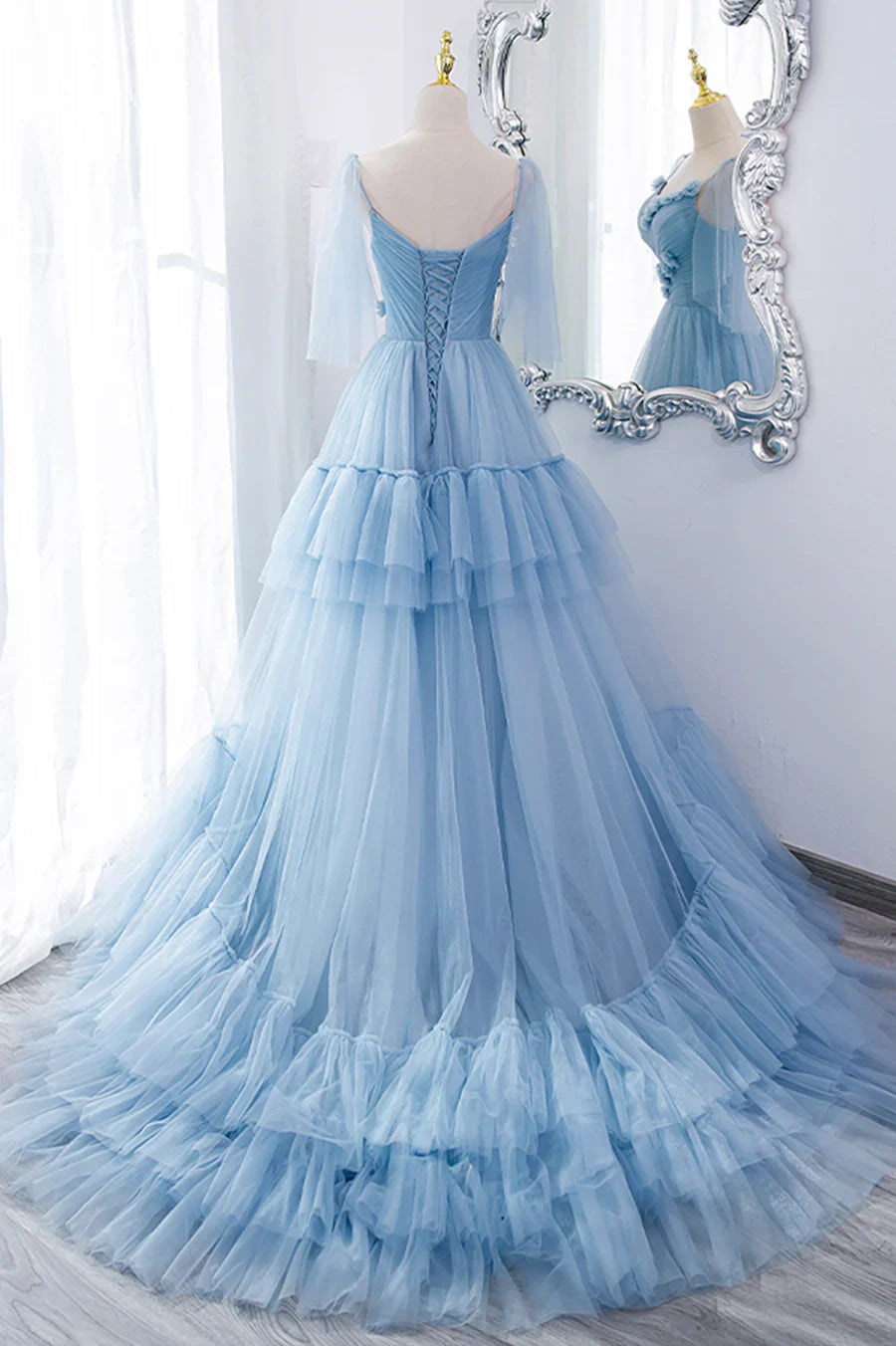 A-Line Tulle Long Prom Dresses, V-Neck Spaghetti Strap Long Princess Dresses TP645