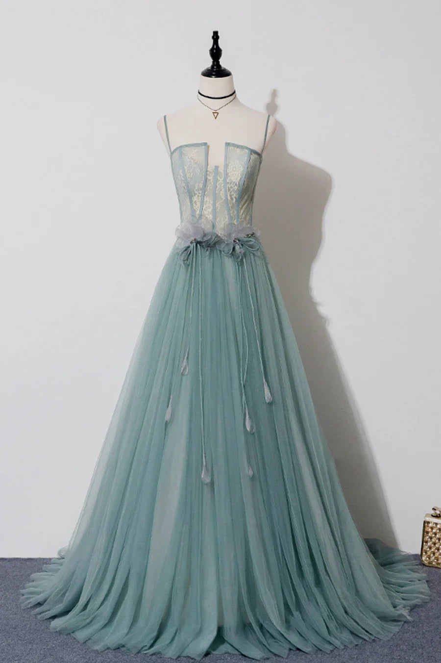 Green Lovely Tulle Straps Long A-Line Prom Dresses, Green Evening Dresses TP647
