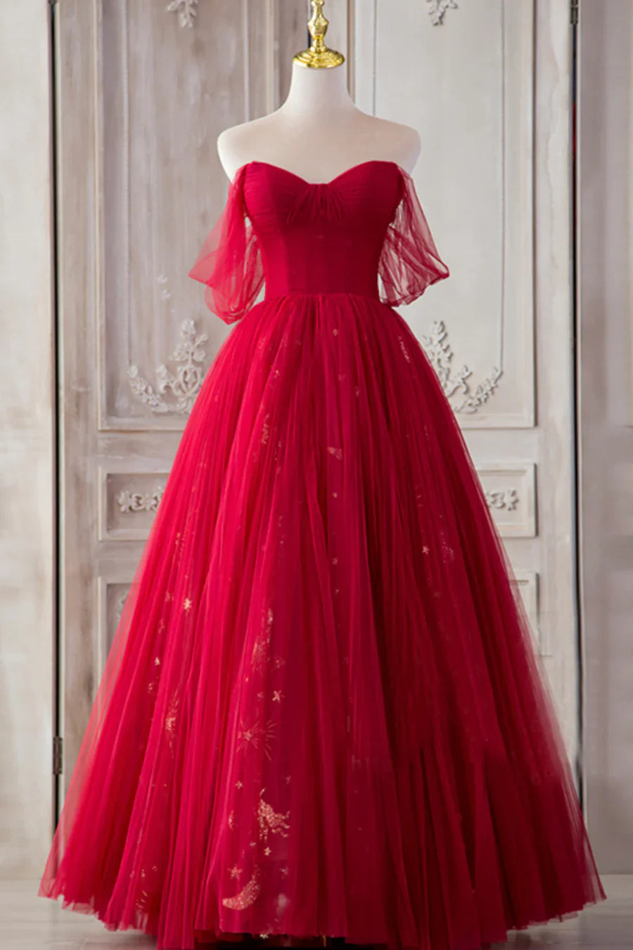 Vestidos de fiesta largos de tul rojo, corte A, hombros descubiertos, TP652