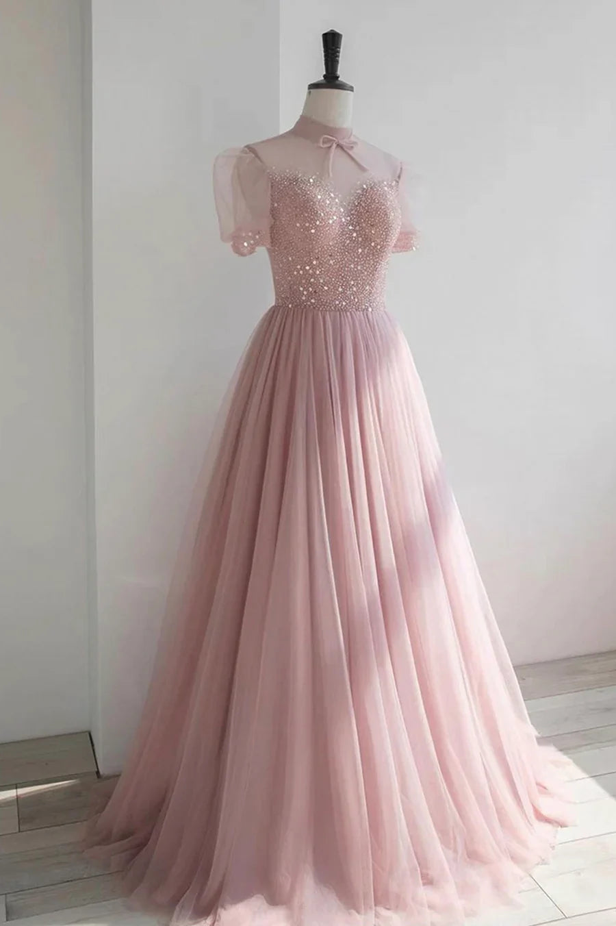 Vestidos de fiesta largos de tul rosa con cuentas, preciosos vestidos de fiesta de noche de corte A TP667