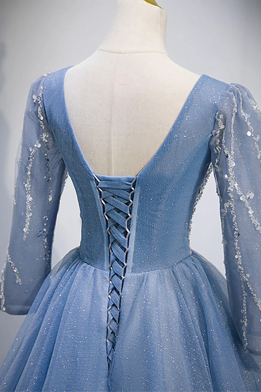Previous Next Blue V-Neck Tulle Beading Long Prom Dresses, Long Sleeve Evening Dresses TP678
