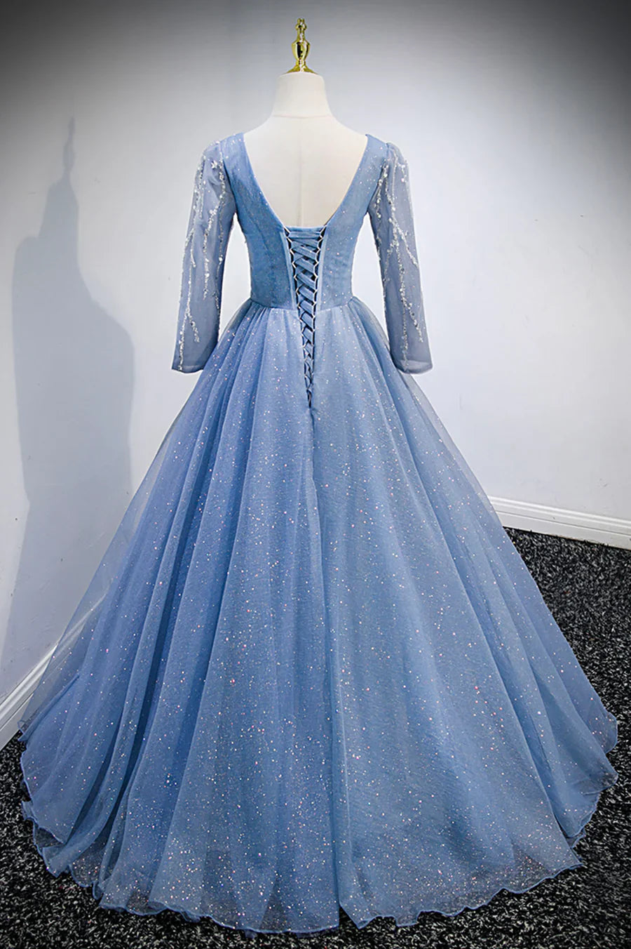 Previous Next Blue V-Neck Tulle Beading Long Prom Dresses, Long Sleeve Evening Dresses TP678