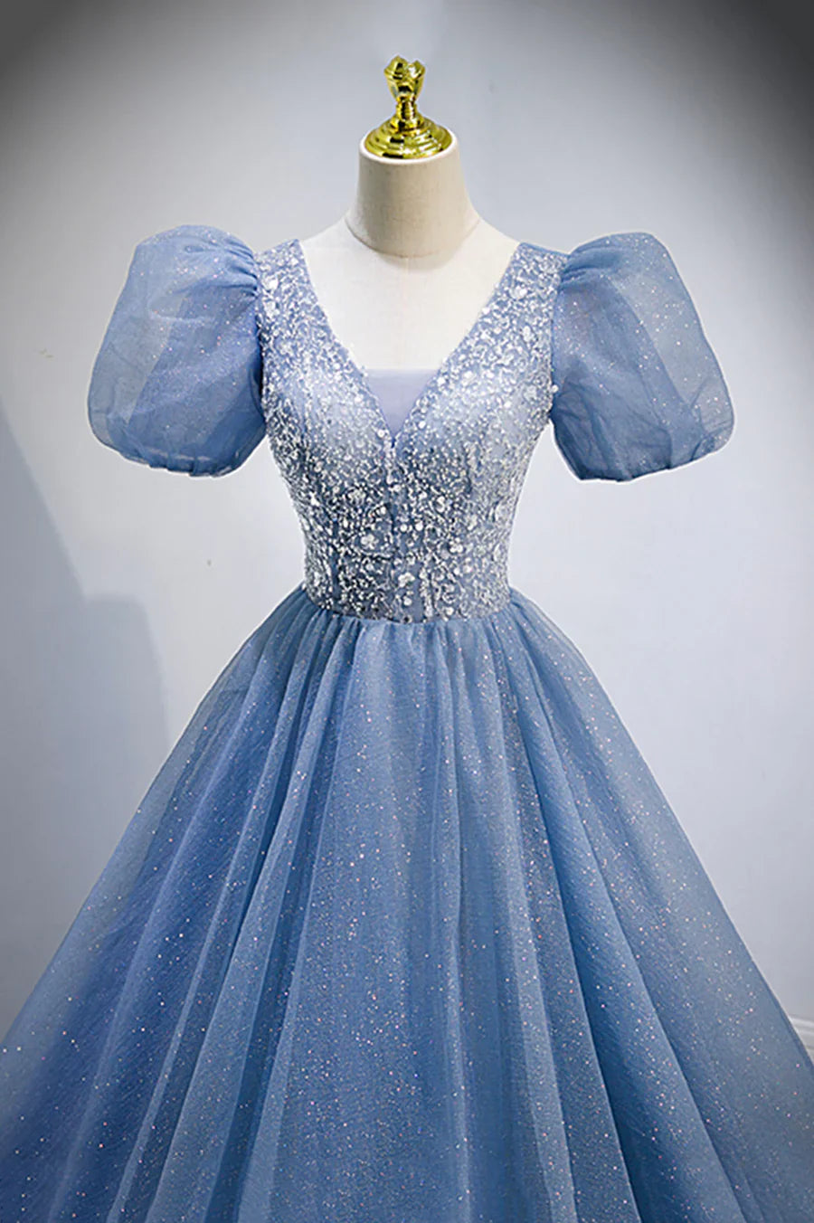 Blue V-Neck Tulle Beading Long Prom Dresses, Blue Short Sleeve Evening Dresses TP680
