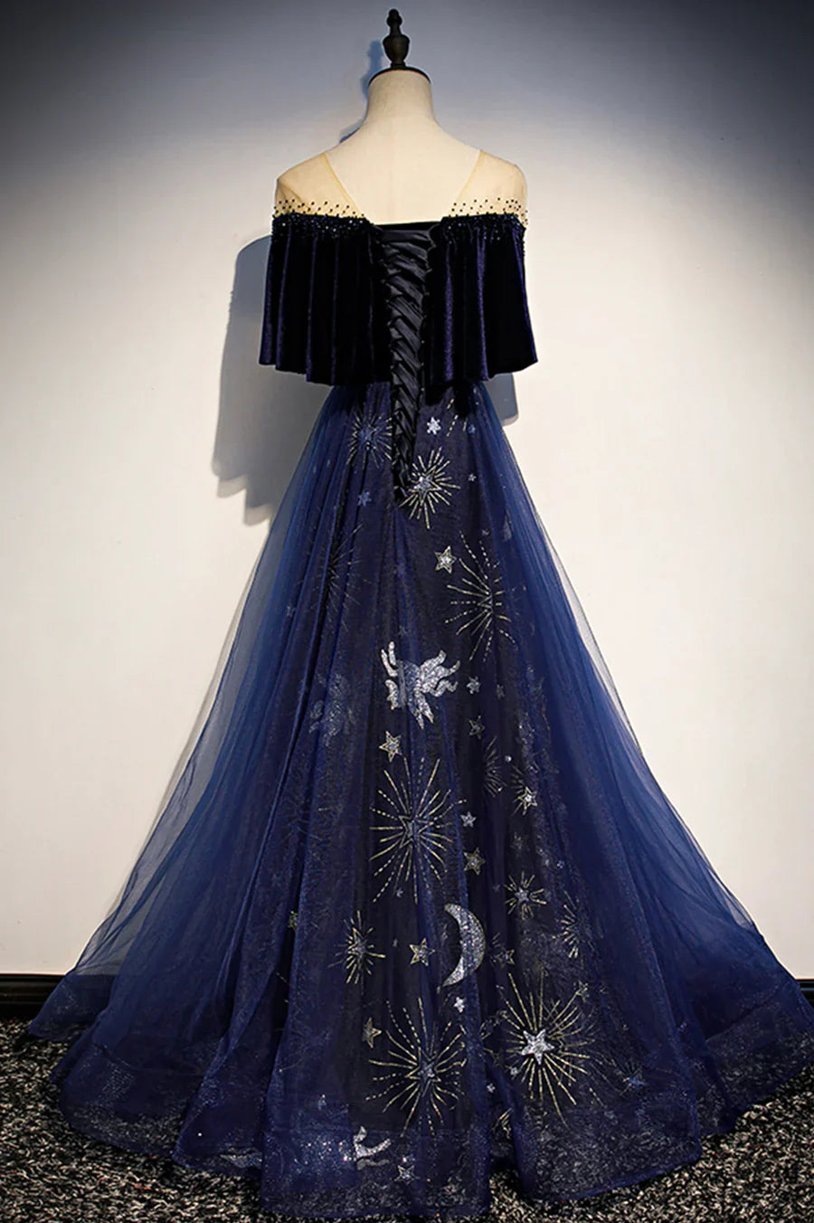Elegant Navy Blue Applique Velvet Tulle Vintage A-Line Long Prom Dress Evening Dress TP689