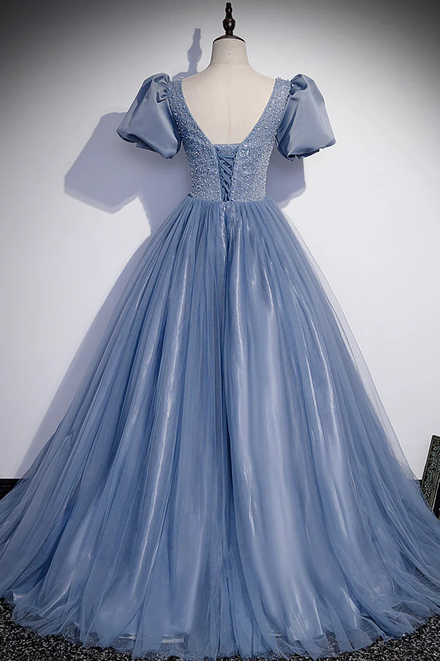 Blue Tulle Beading Long Prom Dresses, A-Line Short Sleeve Evening Dresses TP693