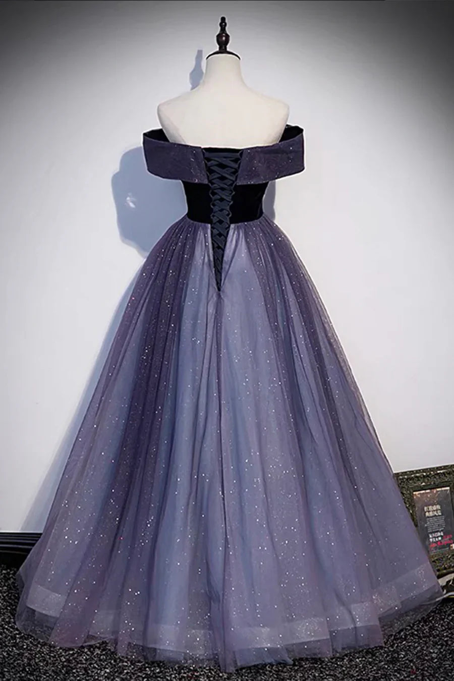 Vestidos de fiesta largos de tul y terciopelo morado, vestidos de noche de corte A con hombros descubiertos TP696