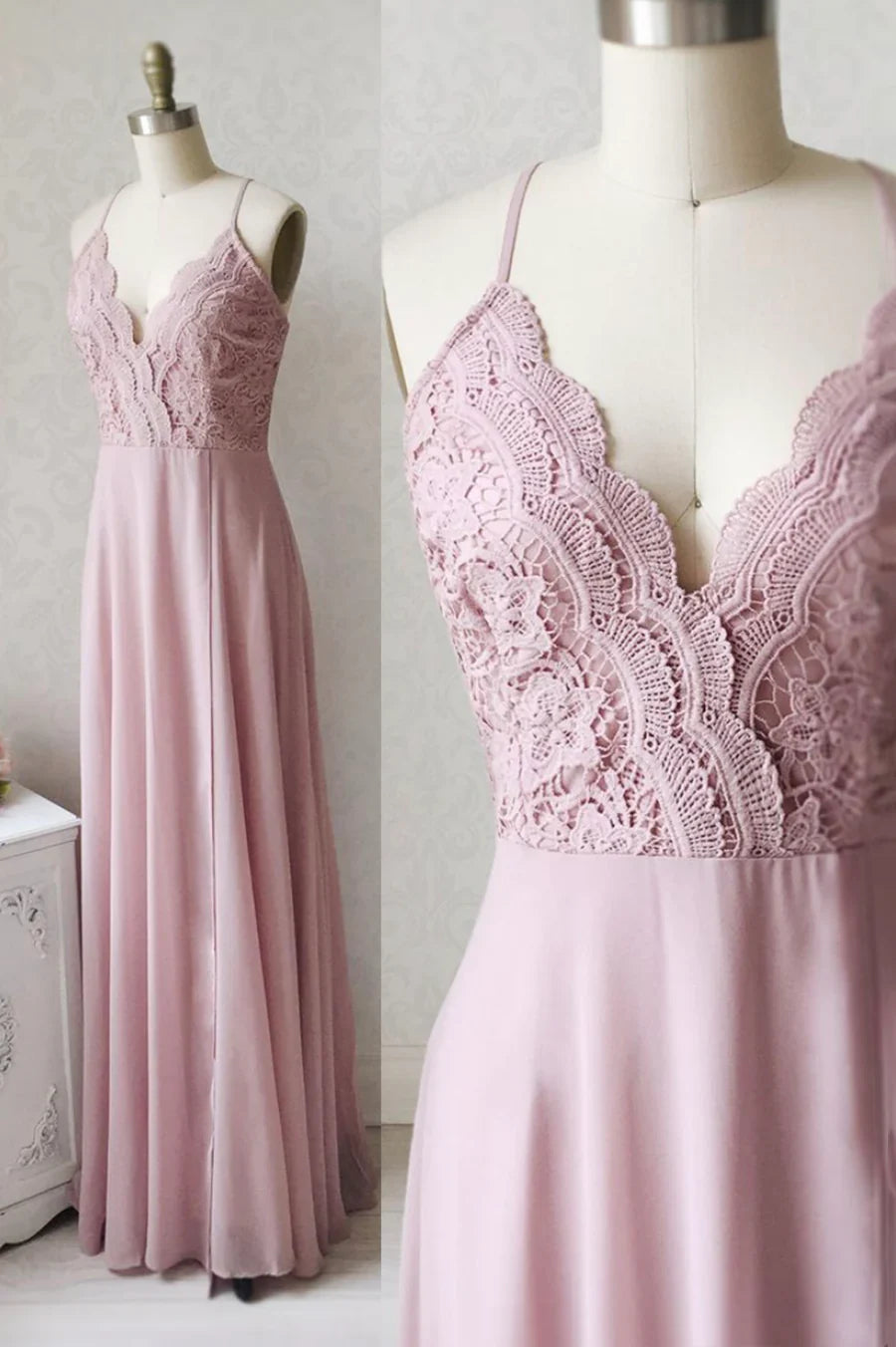 Vestidos de fiesta largos de gasa rosa con encaje y escote en V y tirantes finos TP715