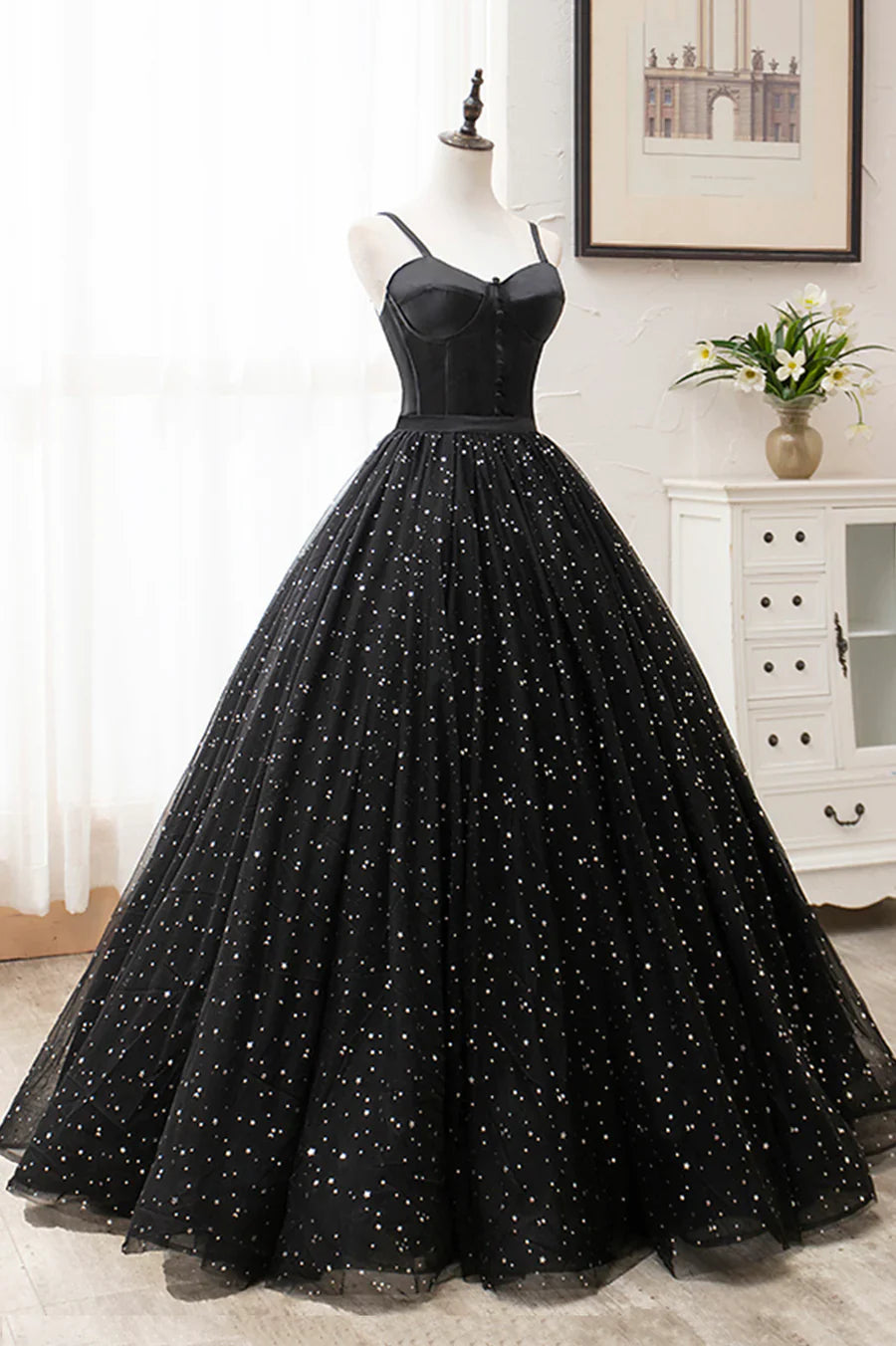 Black Tulle Long A-Line Long Prom Dresses, Black Evening Party Dresses TP724