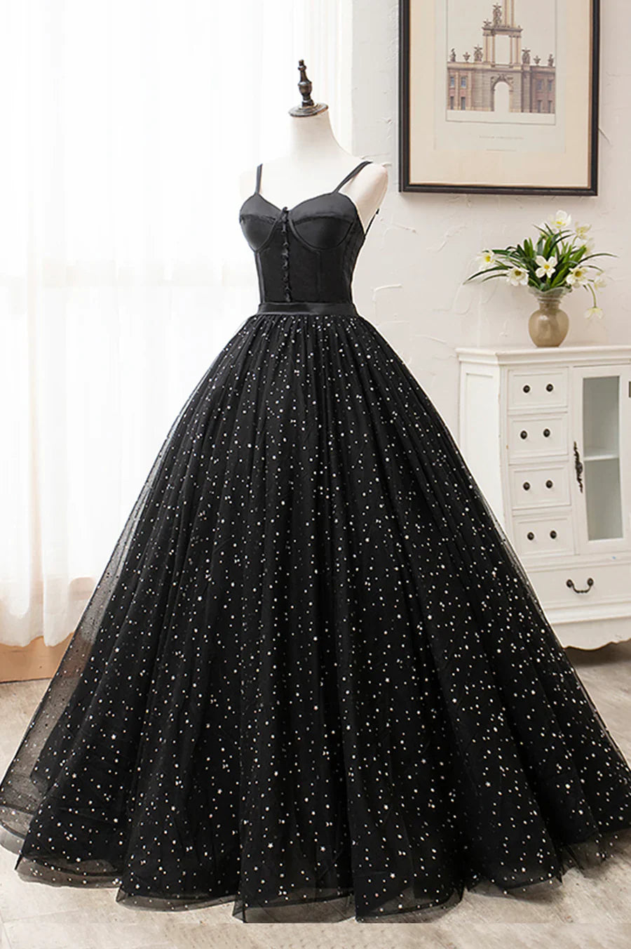 Black Tulle Long A-Line Long Prom Dresses, Black Evening Party Dresses TP724