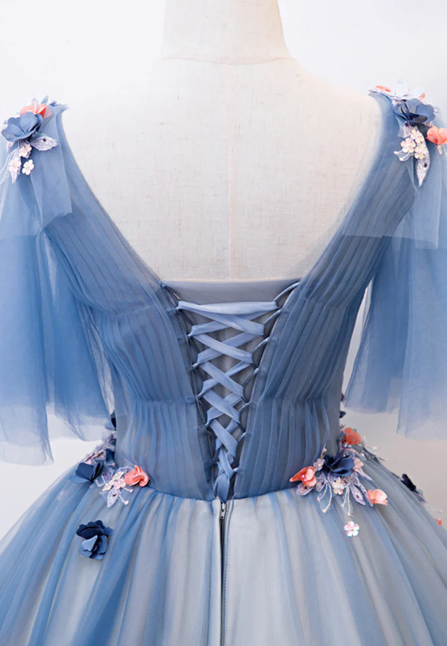 Blue V-Neck Lace Long Prom Dresses, A-Line Formal Evening Dresses TP735