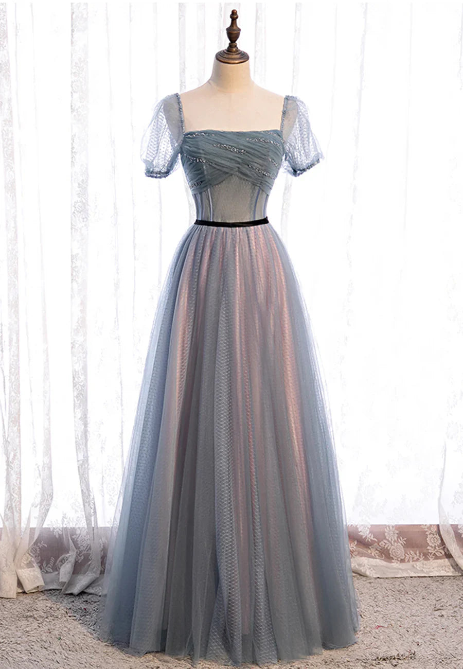 Grey Tulle Long Prom Dresses, A-Line Evening Dresses TP737