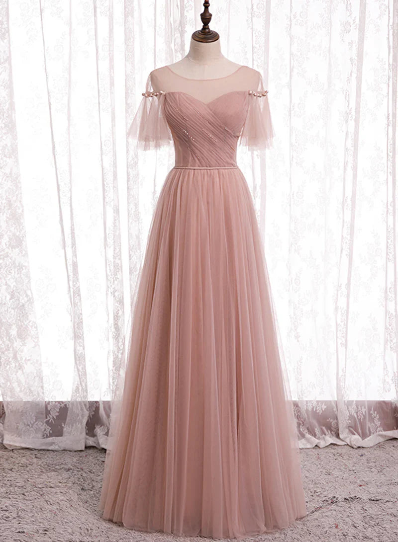Pink Tulle Long Prom Dresses, A-Line Evening Party Dresses TP739