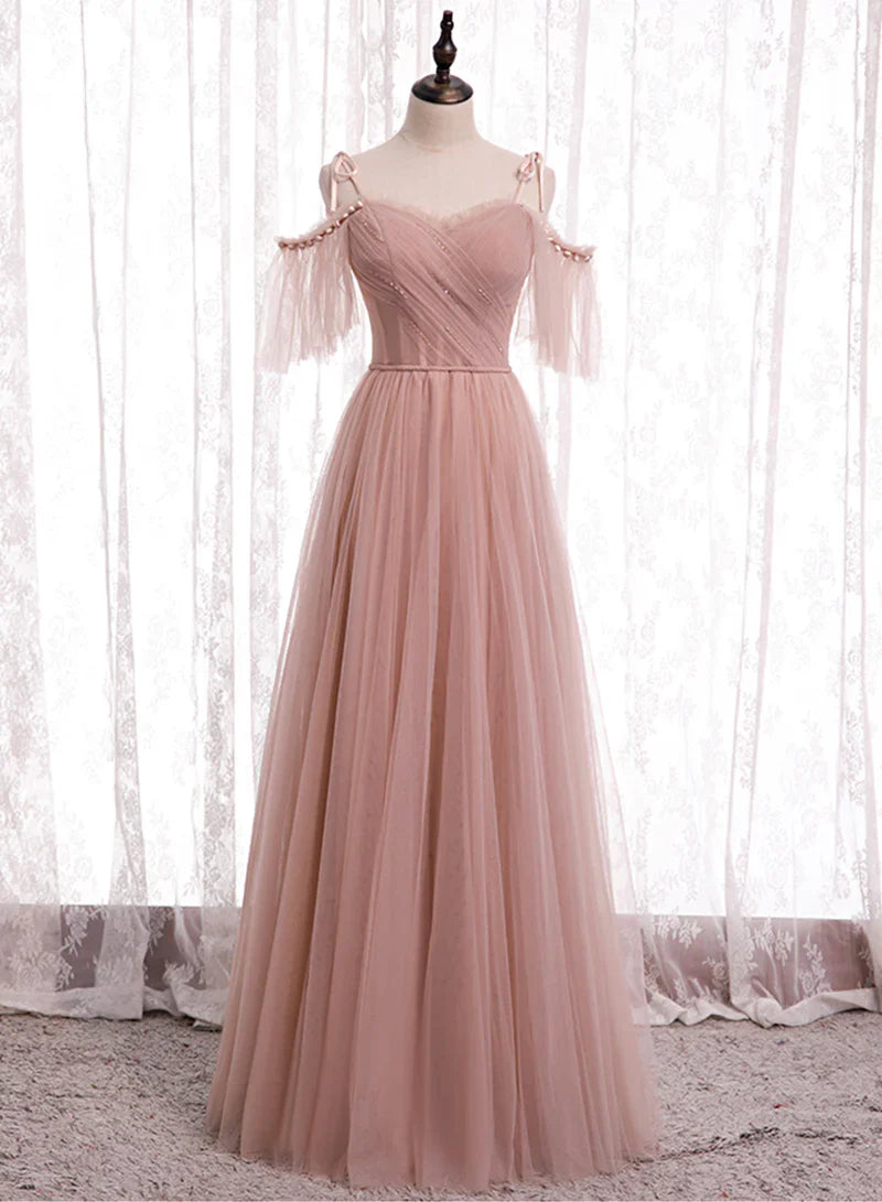 Pink Tulle Long Prom Dresses, A-Line Evening Party Dresses TP739