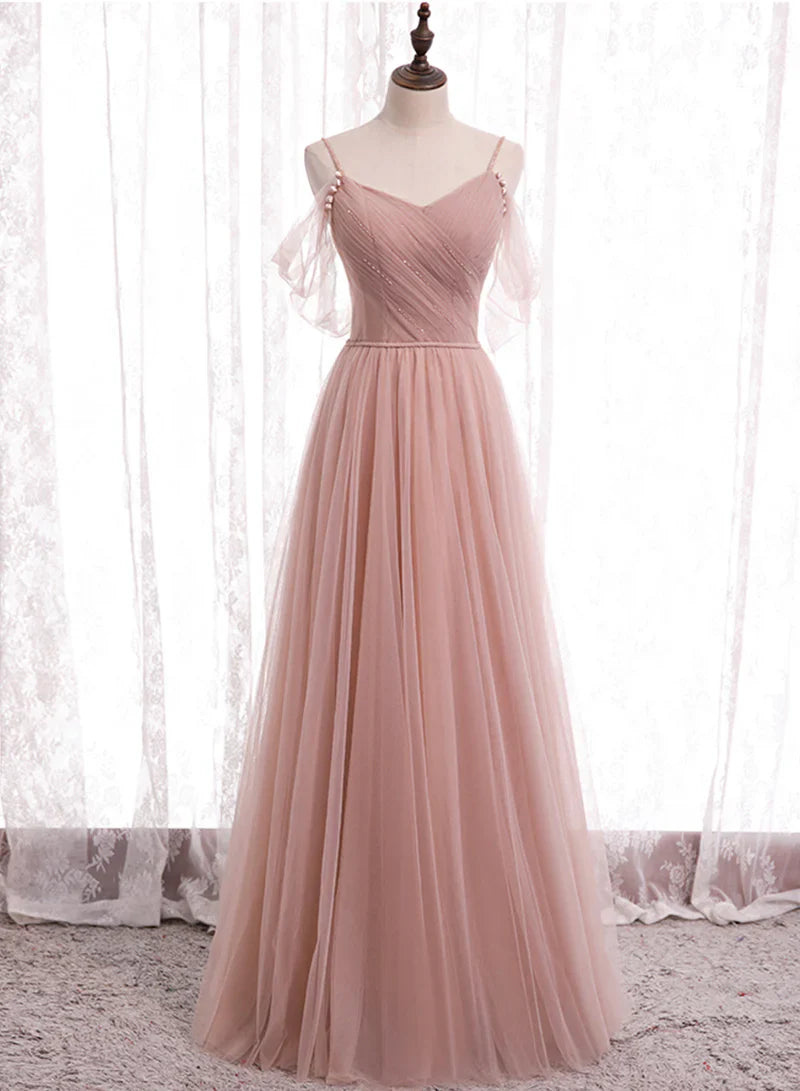 Pink Tulle Long Prom Dresses, A-Line Evening Party Dresses TP739