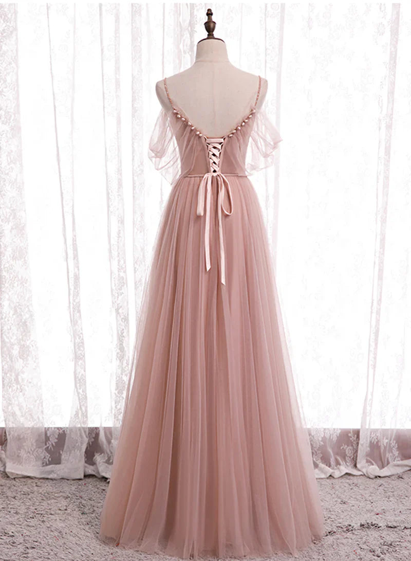 Pink Tulle Long Prom Dresses, A-Line Evening Party Dresses TP739
