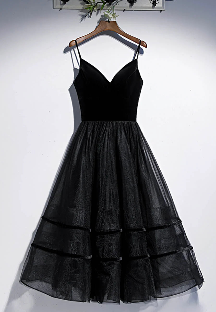 Vestidos de fiesta cortos de tul y terciopelo negro, corte A, TP748