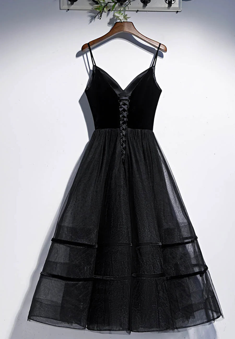Vestidos de fiesta cortos de tul y terciopelo negro, corte A, TP748