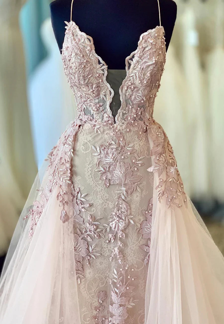 Vestidos de fiesta largos de encaje con escote en V pronunciado, vestidos de noche rosas TP759