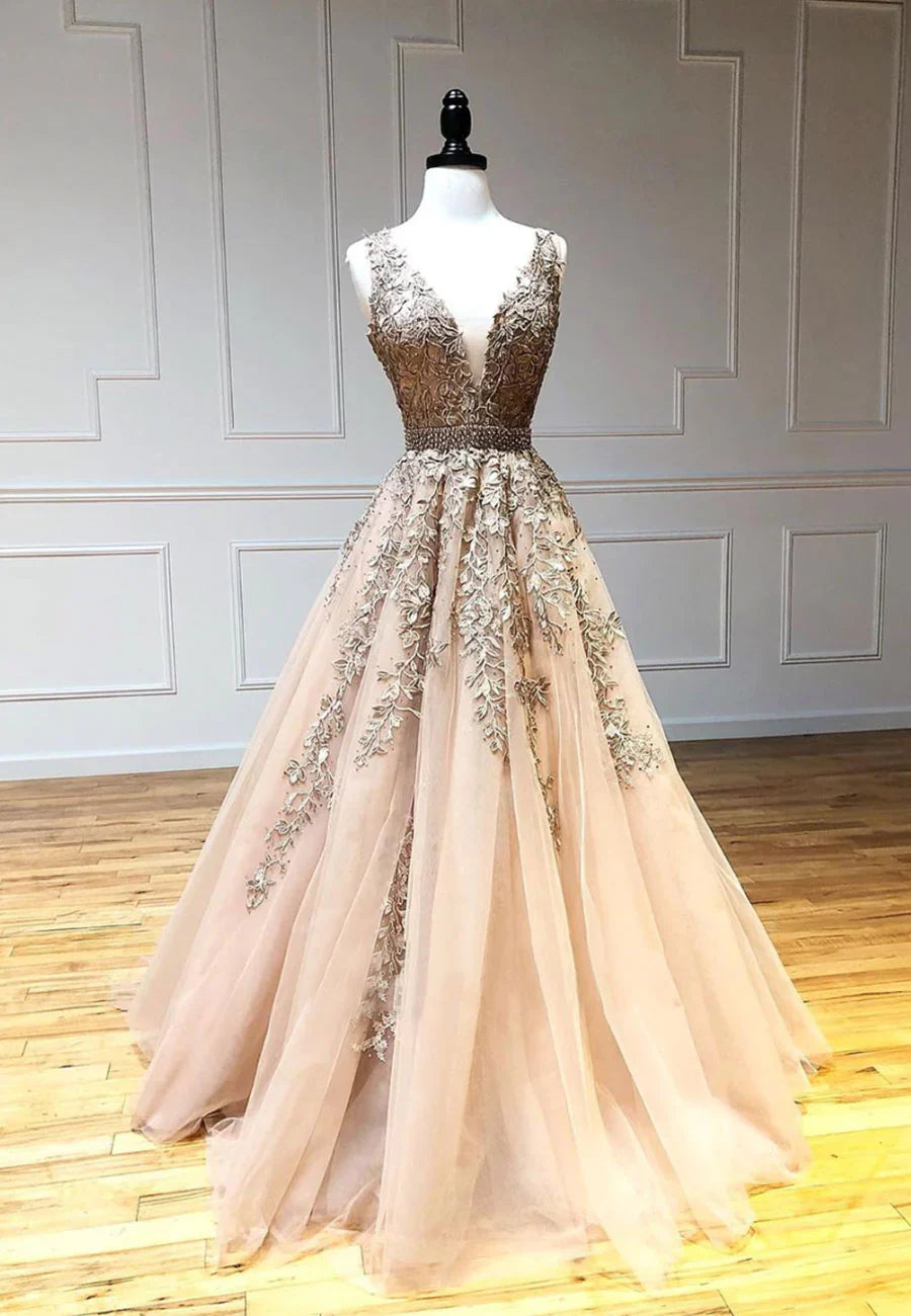 Plunging V-Neck Tulle Long Prom Dresses, Lace Formal Dresses TP761