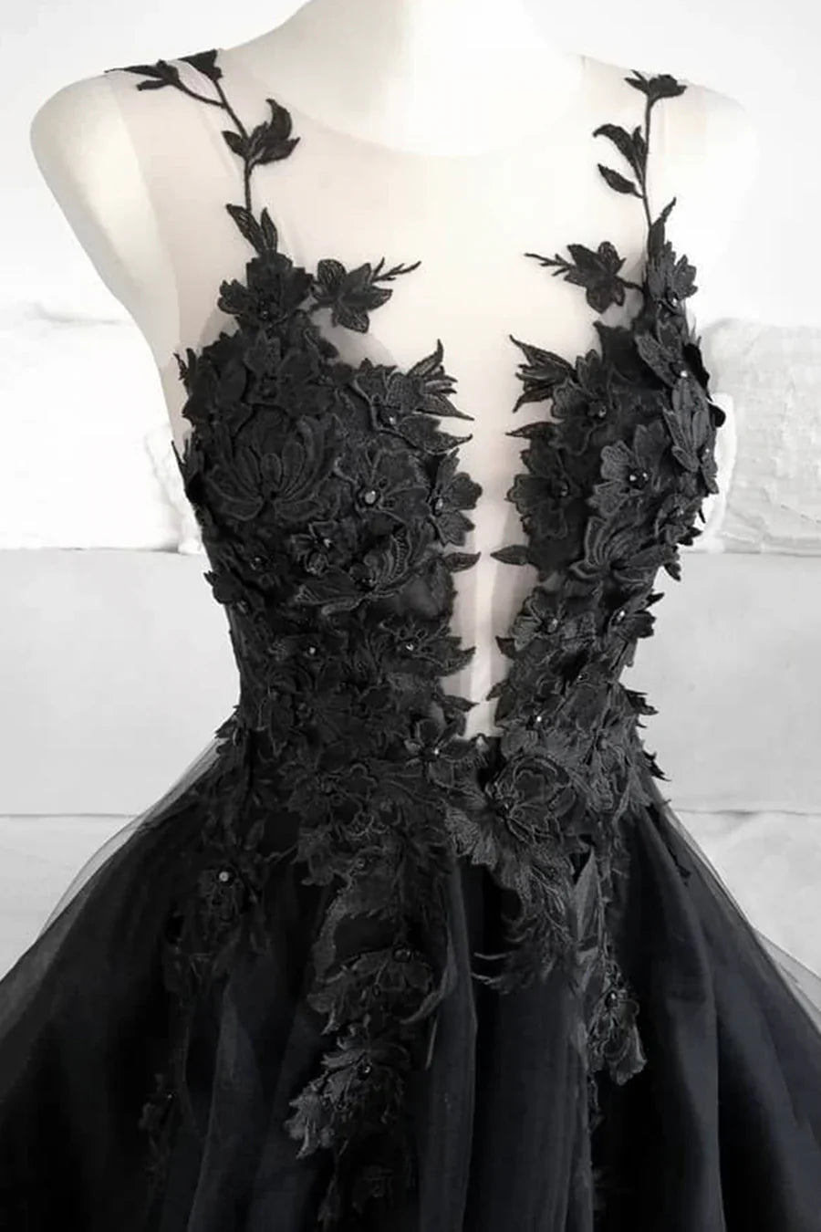 Black Tulle Lace Long Prom Dress, Black Formal Graduation Dress TP767