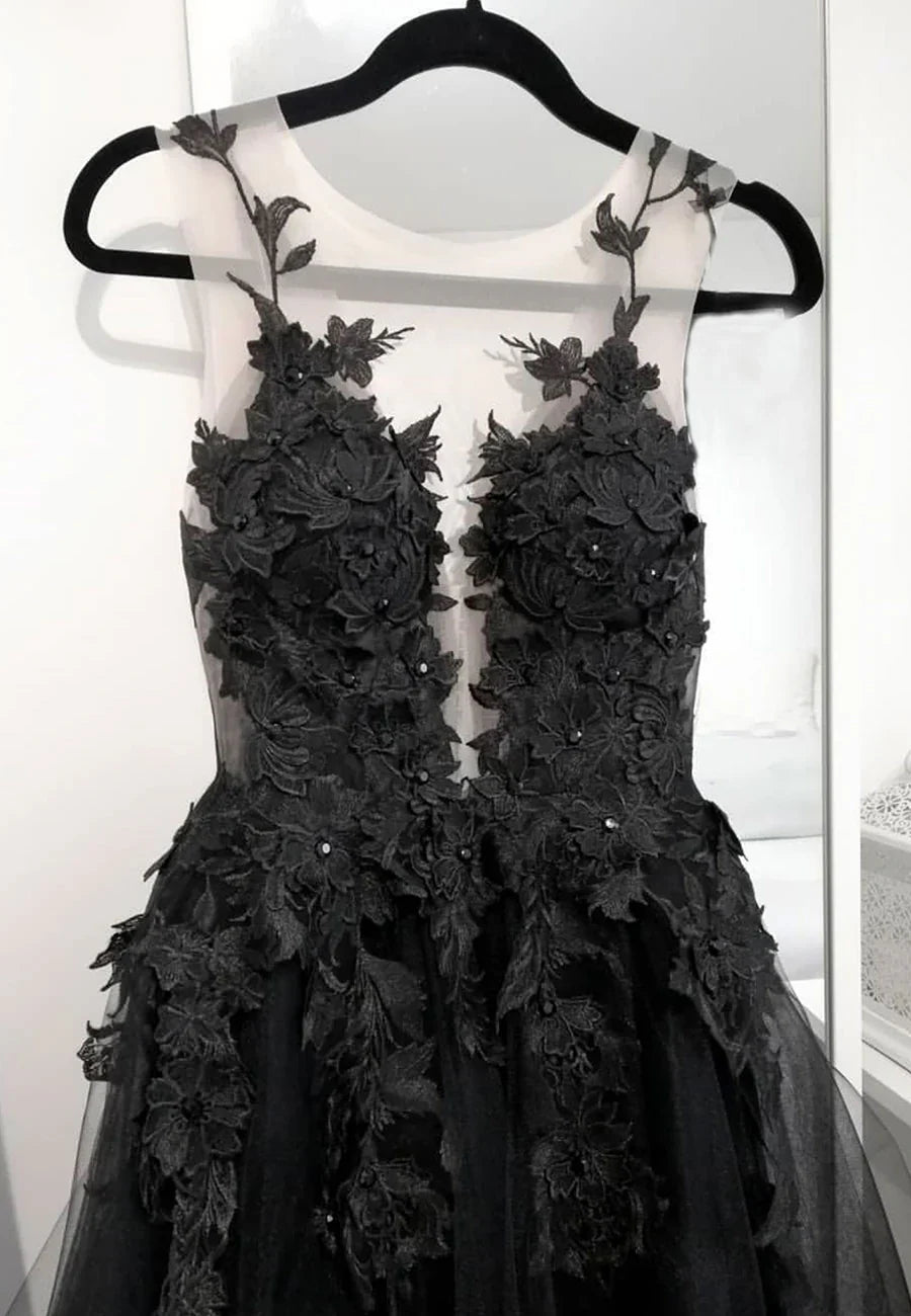 Black Tulle Lace Long Prom Dress, Black Formal Graduation Dress TP767