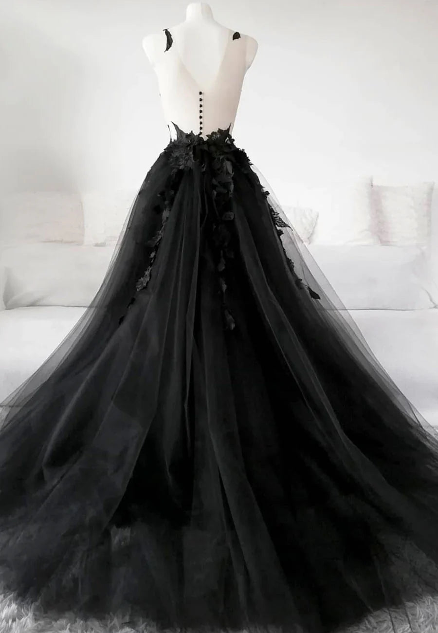 Black Tulle Lace Long Prom Dress, Black Formal Graduation Dress TP767