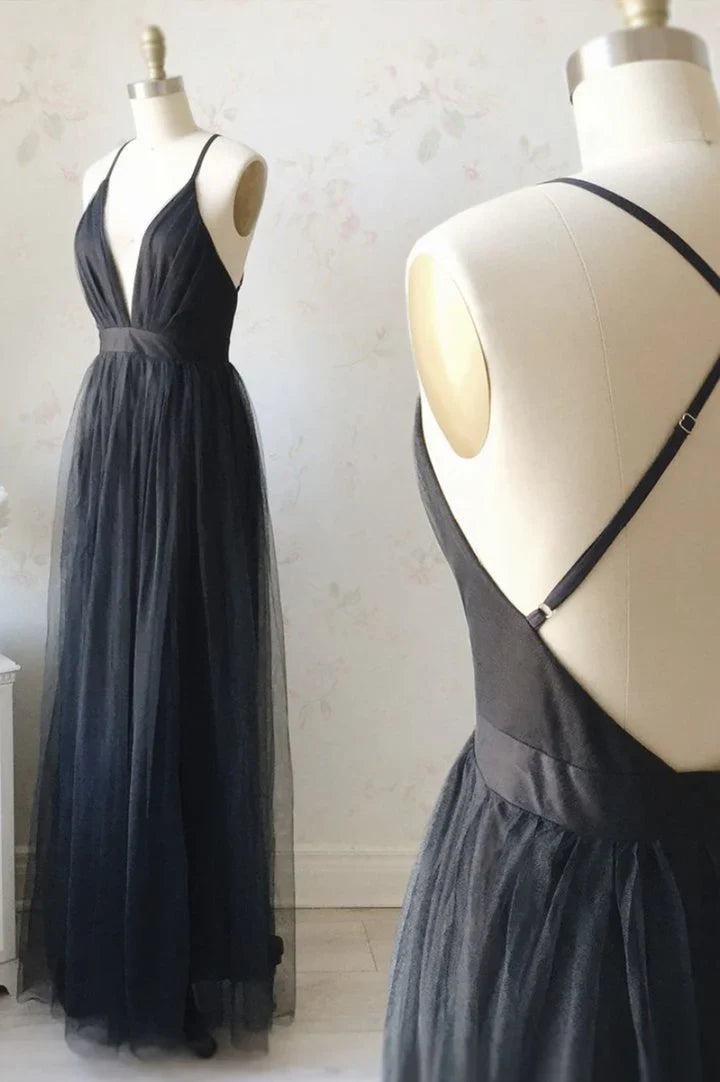 Vestido de fiesta largo de tul sencillo, corte A, espalda descubierta, TP772