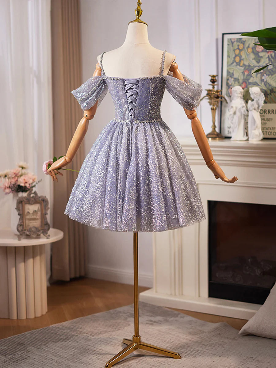 Vestido de fiesta de tul brillante con lentejuelas y largo hasta la rodilla, corte A, hombros descubiertos, TP776
