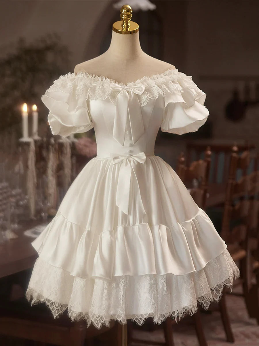 Vestido de fiesta de satén blanco con encaje hasta la rodilla, corte A y hombros descubiertos, TP779