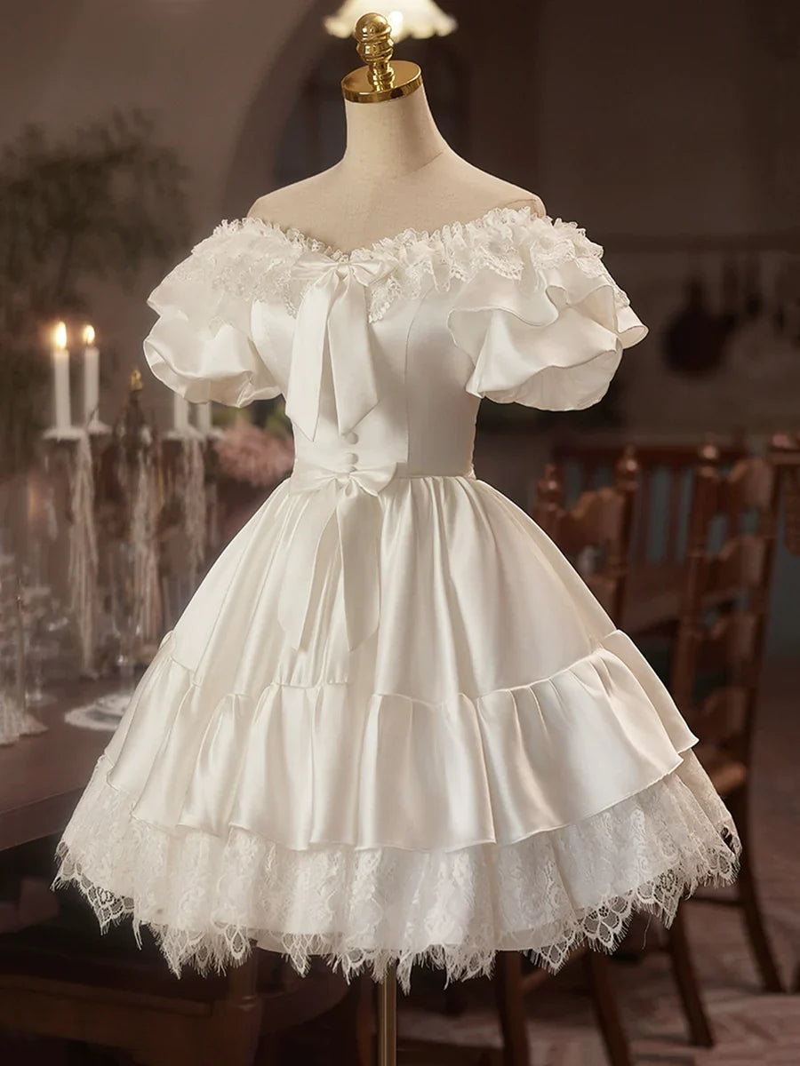 Vestido de fiesta de satén blanco con encaje hasta la rodilla, corte A y hombros descubiertos, TP779